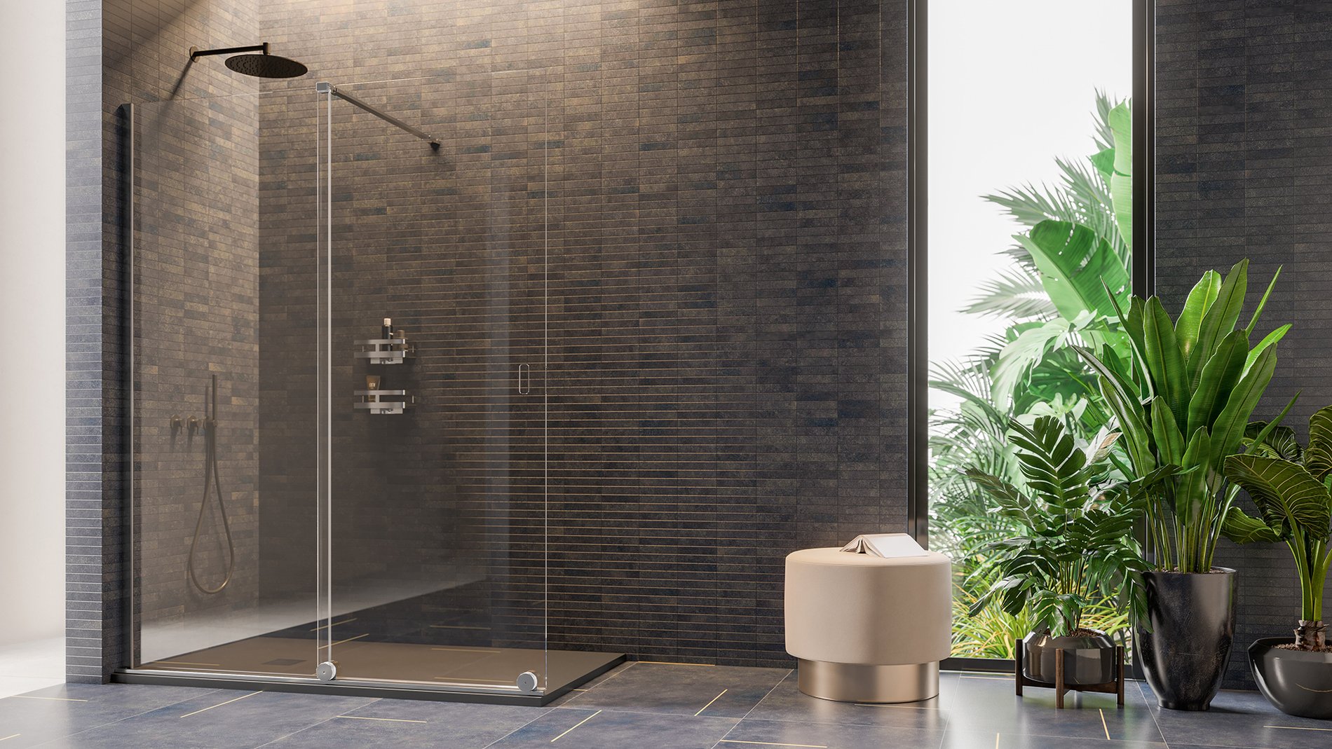 Box doccia con porta scorrevole in un bagno rivestito in gres scuro