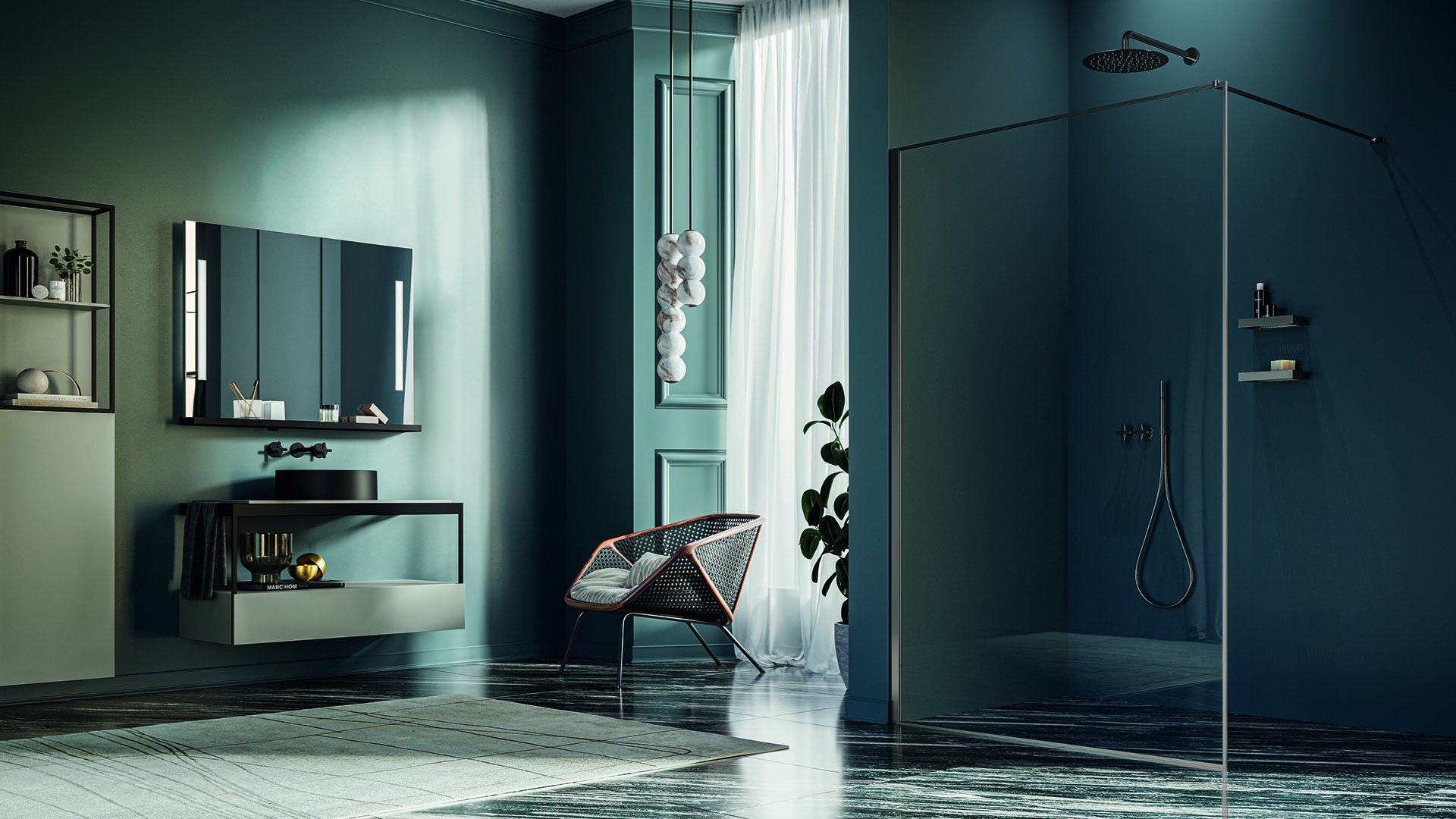 Bagno contemporaneo con parete doccia walk-in in vetro, toni verde-petrolio