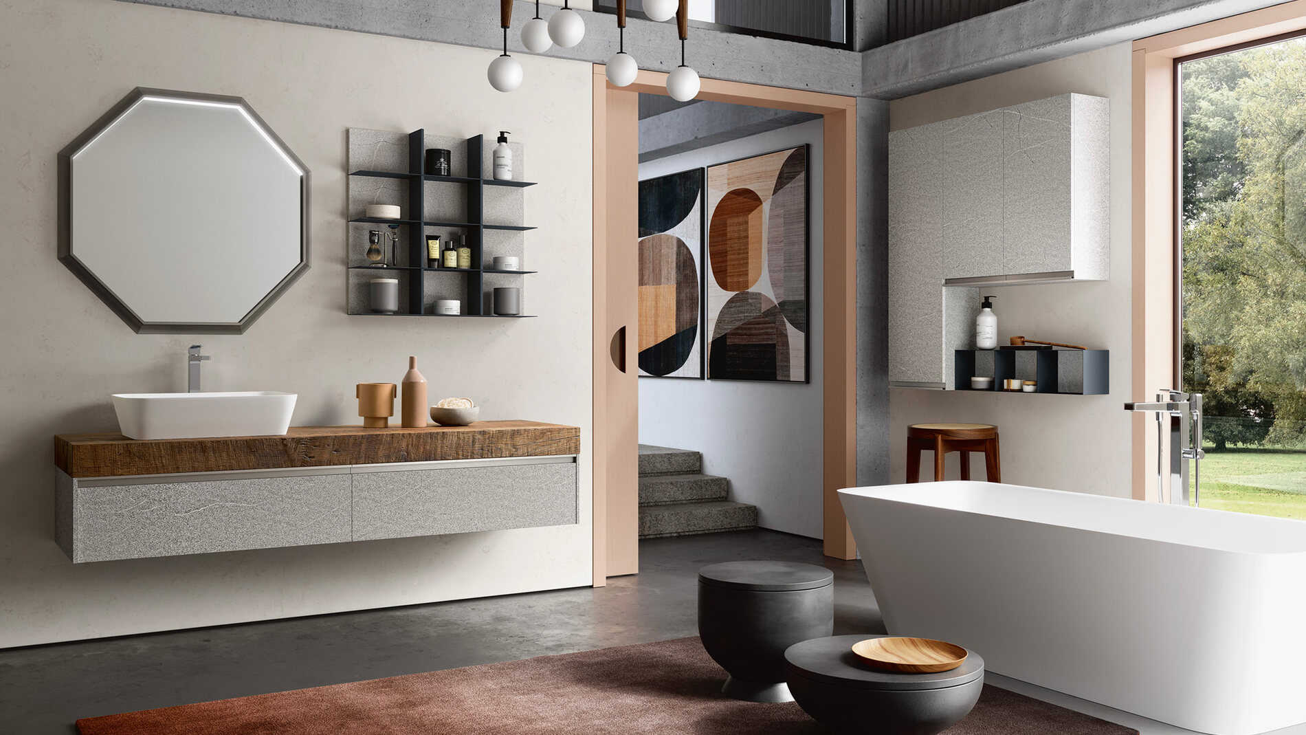 Composizione bagno sospesa in legno con lavabo, mensole e vasca
