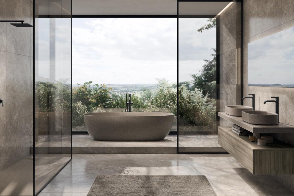 Ambiente bagno GB Group con mobile sospeso in legno e vasca