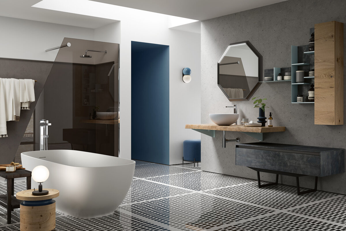 Composizione bagno Rab con base sospesa, vani a giorno e vasca