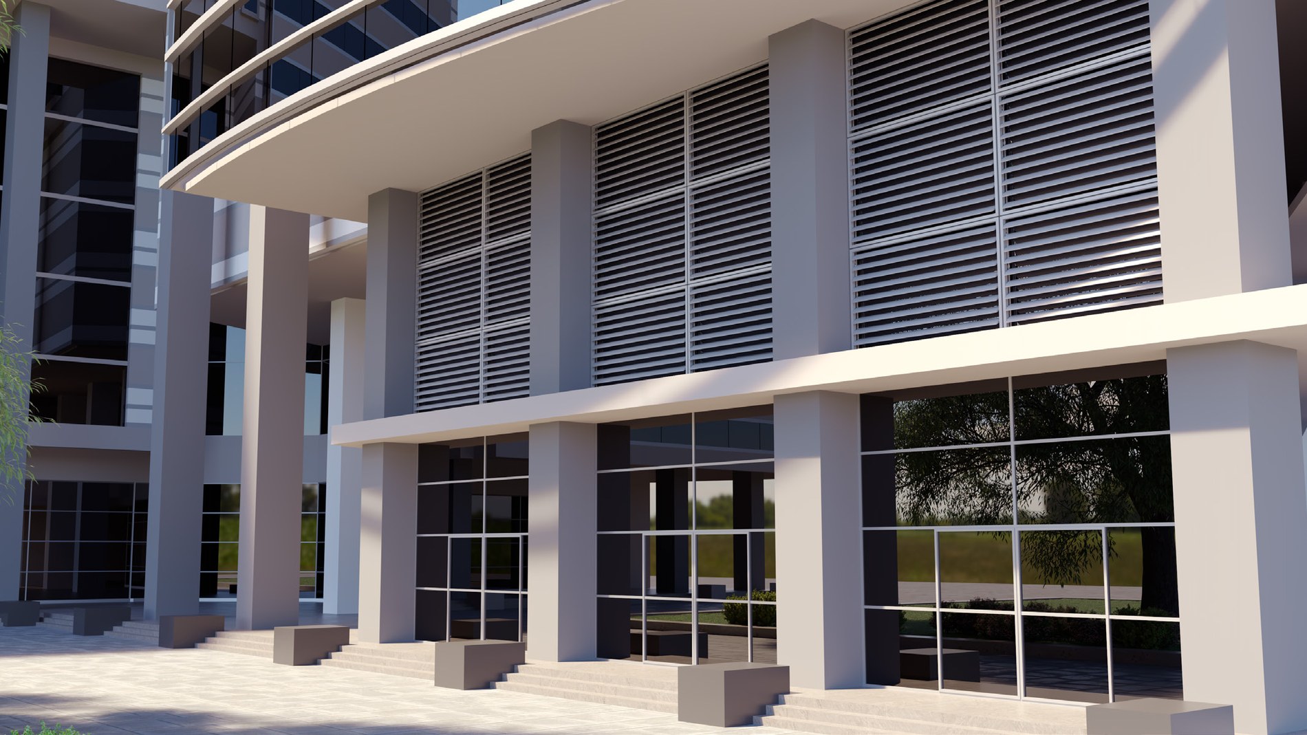 Edificio con moduli frangisole a lame orizzontali in alluminio davanti alle vetrate