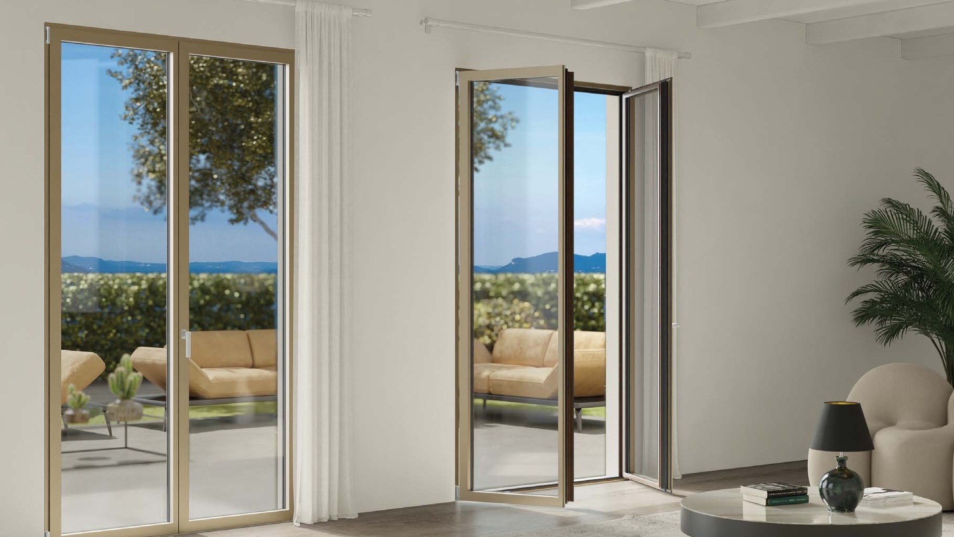 Zona giorno luminosa con infisso ibrido alluminio-PVC Biemme Inversa Bicolore
