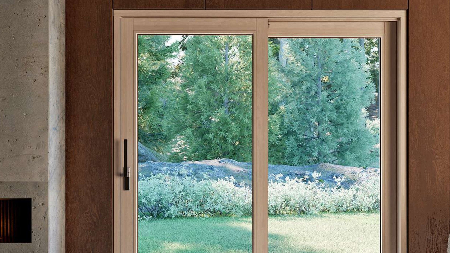 Porta-finestra scorrevole in legno chiaro Fossati Nova affacciata sul giardino