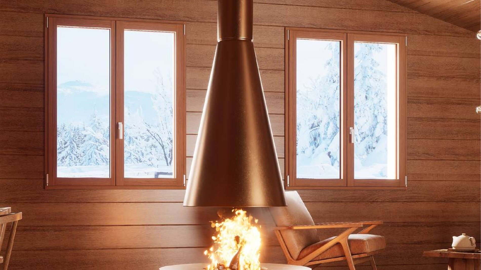 Due finestre in legno Fossati e una stufa sospesa in un salotto di montagna, con la neve fuori dai vetri