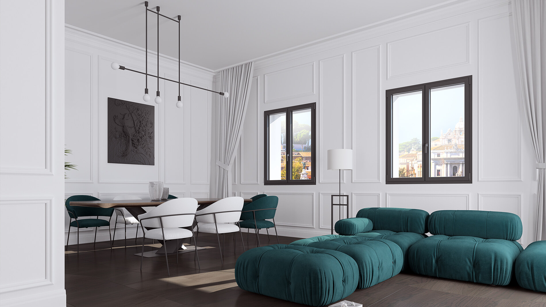 Finestre in PVC antracite in un soggiorno luminoso