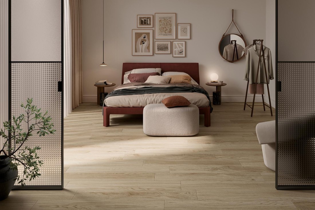 Camera con pavimento in gres Mirage Signature effetto legno
