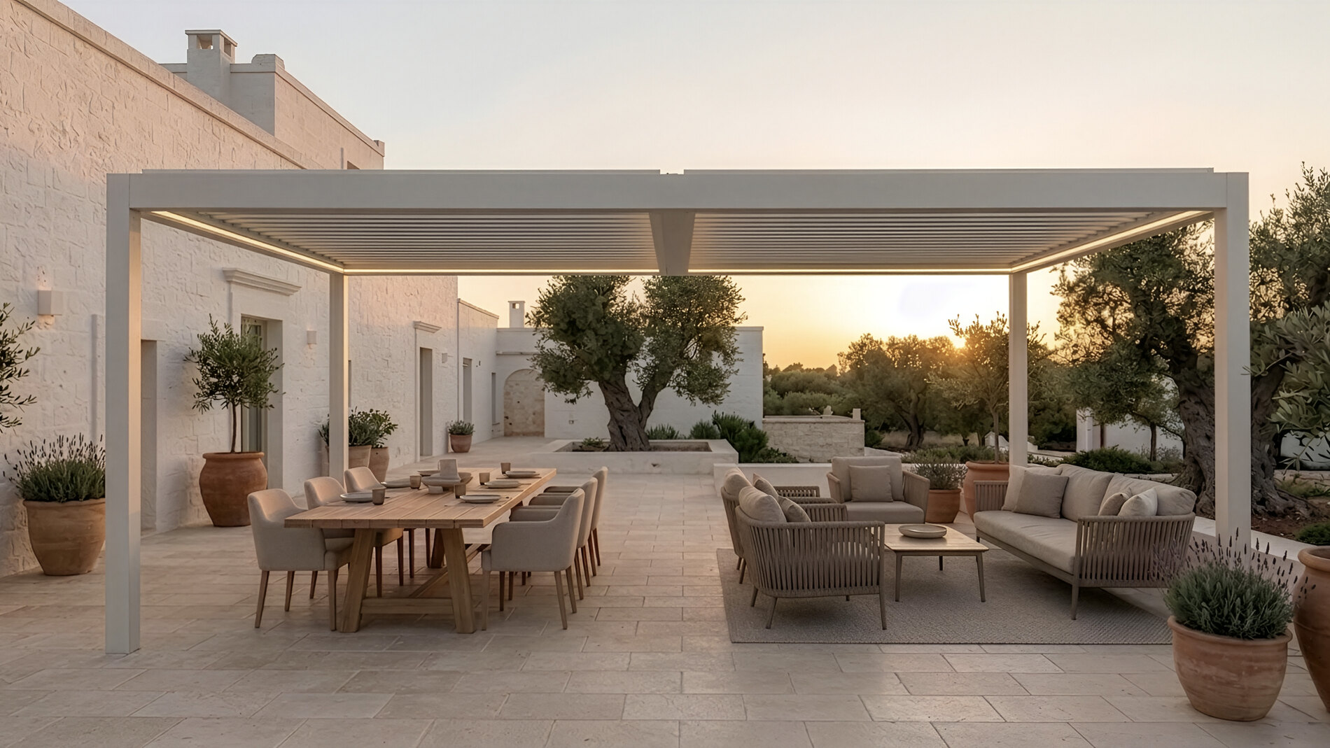 Pergola bioclimatica con tetto a lame orientabili in alluminio sopra una zona pranzo esterna