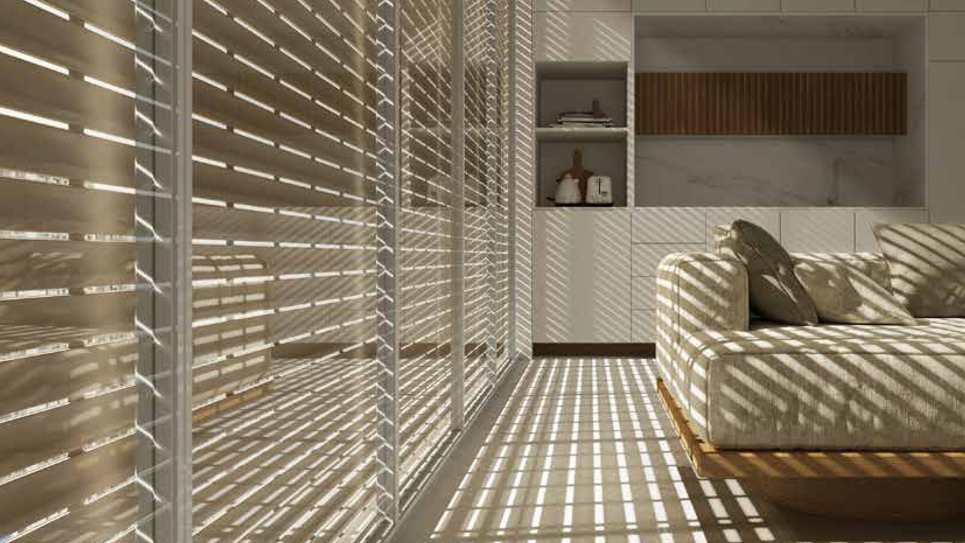 Prospetto architettonico contemporaneo con tapparelle avvolgibili integrate a filo facciata