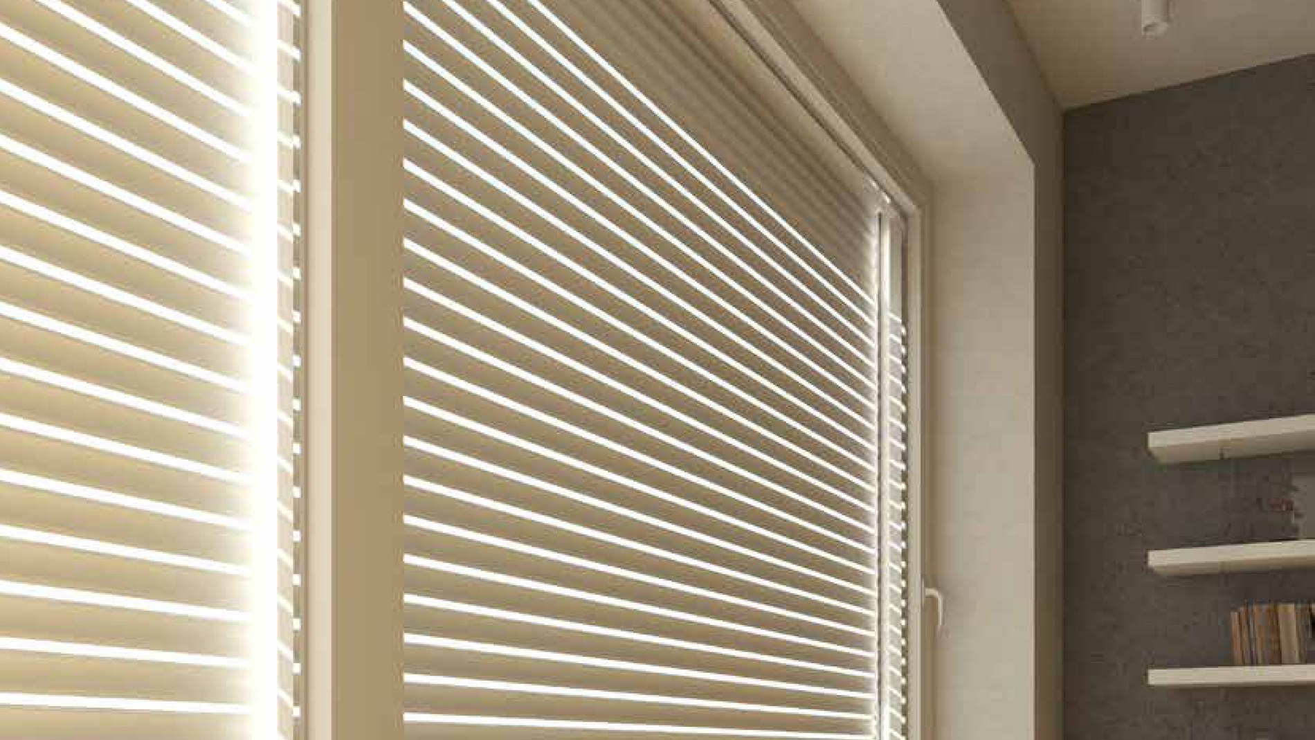 Interno living contemporaneo con luce naturale filtrata da tapparelle microforate Pasini