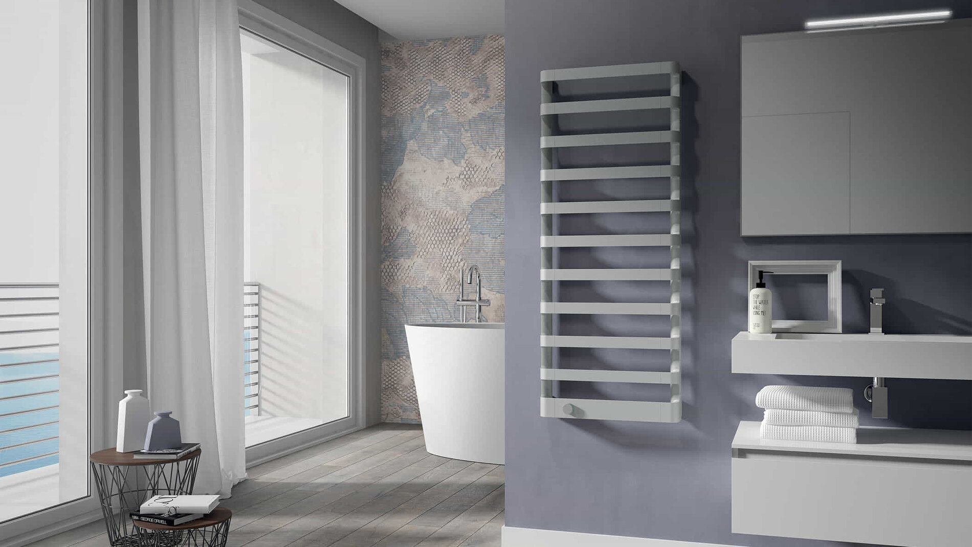 Scaldasalviette Irsap Step_E in un bagno luminoso