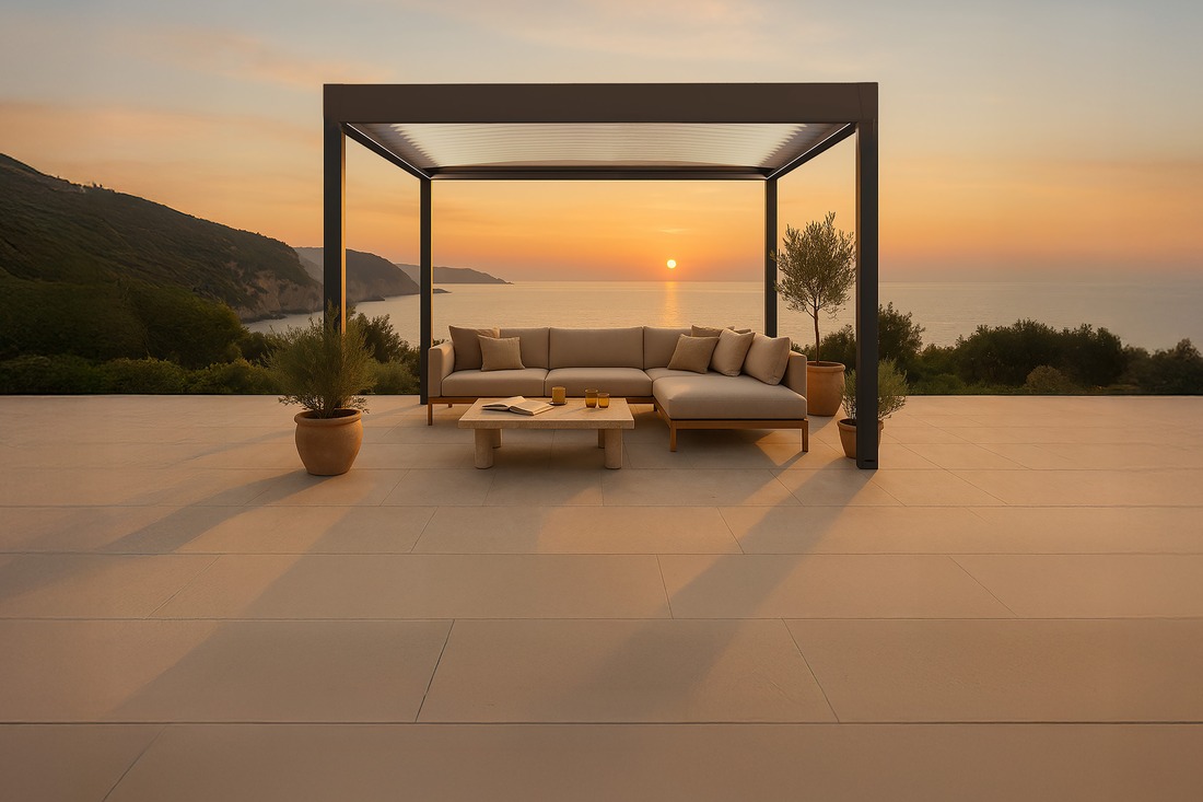 Pergotenda orizzontale in piano MV Line Panarea con telo in PVC teso
