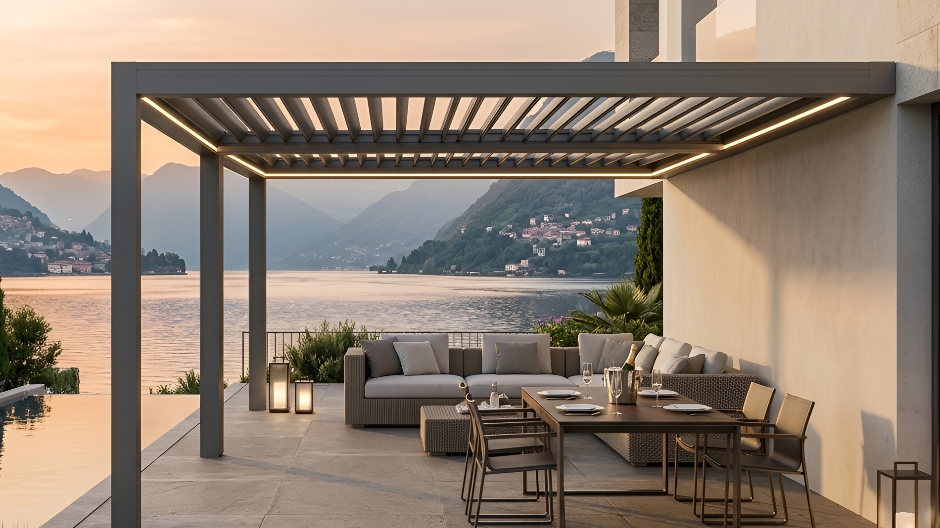 Veranda e pergotenda su terrazzo panoramico moderno esposto al sole di Siracusa
