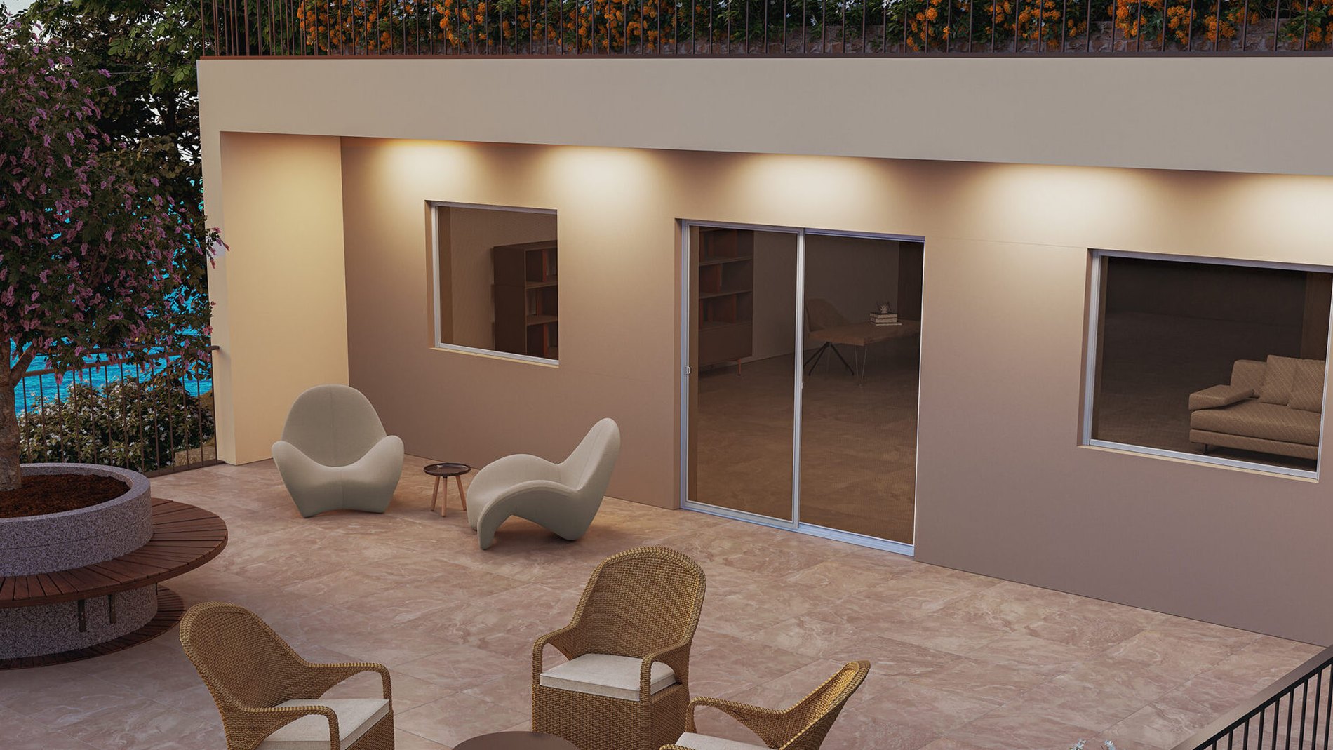 Schermature scorrevoli e verticali con vista su giardino mediterraneo