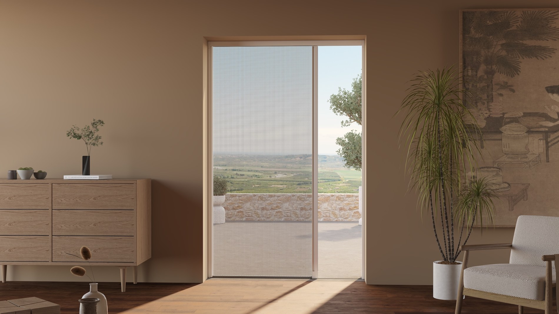 Living moderno e luminoso con porte-finestre aperte e zanzariere su misura a Siracusa